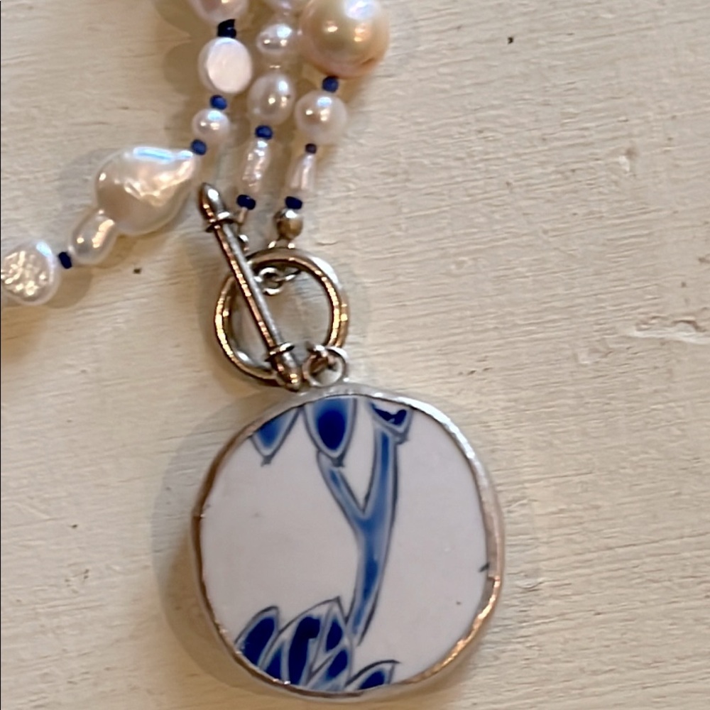 Asian Pottery Shard and Pearl Necklace